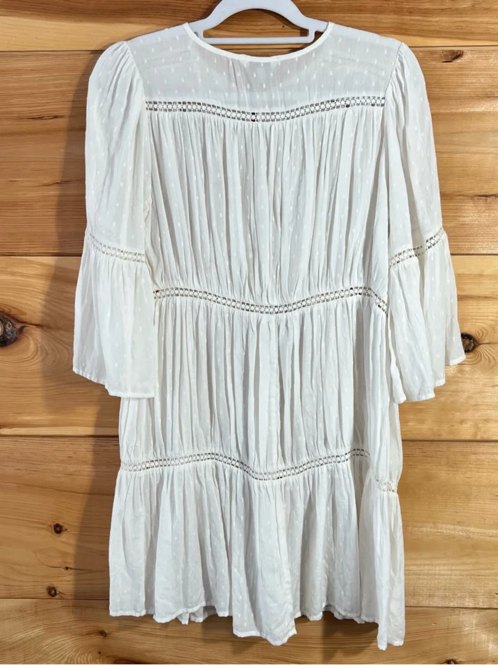 Lucky Brand White Swiss Dot Mini Dress Peasant Boho Gathered Gauzy Flowy Coastal - Picture 7 of 7